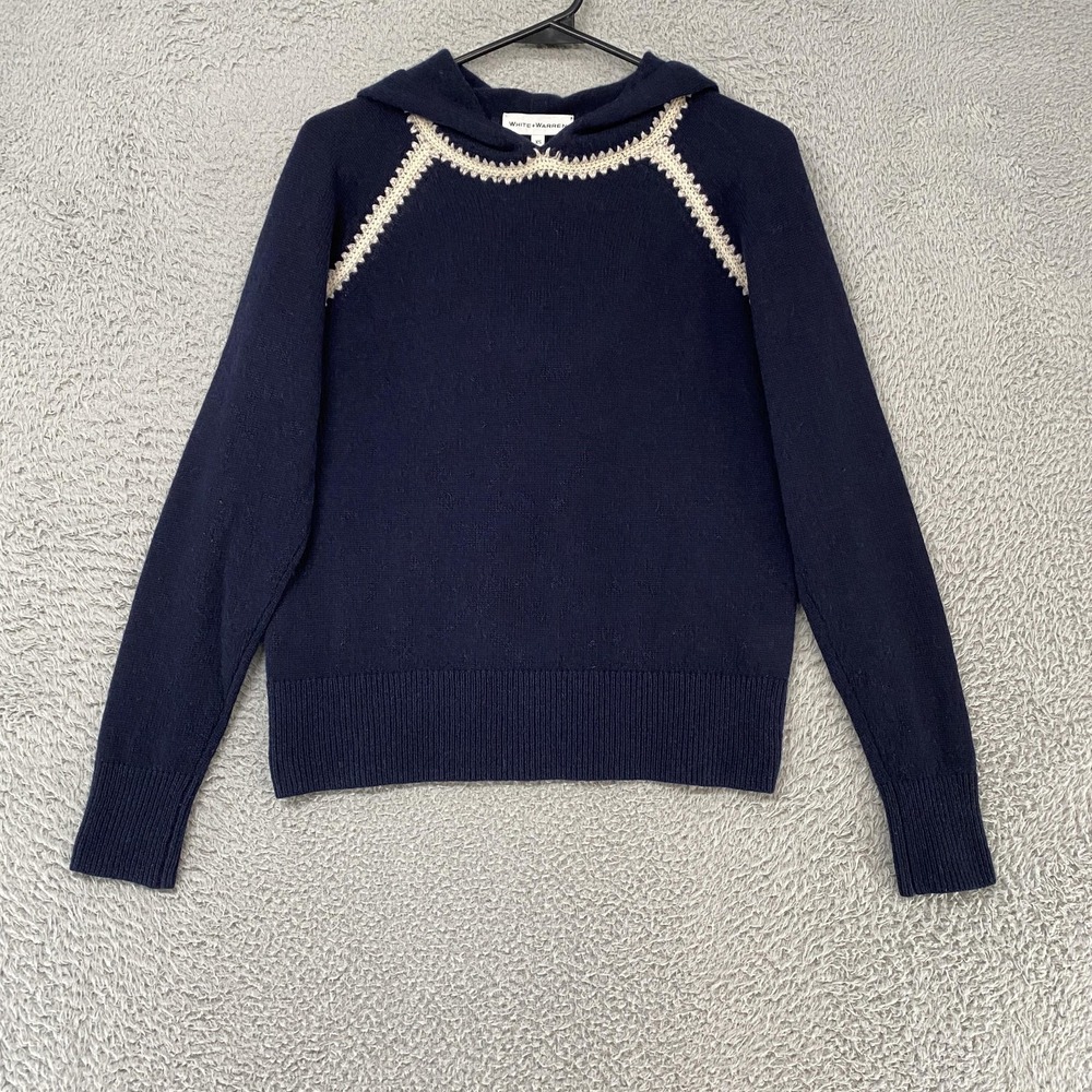 White + Warren 100% Cashmere Hoodie Womens XS Navy Blue Sweater Crochet Knit